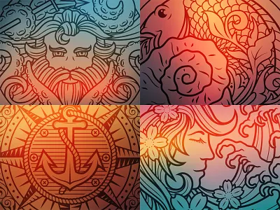 Set of Nautical Illustrations anchor compass fish flower girl ocean octopus poseidon sea shell tentacle