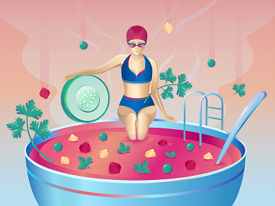 Summer Soup colorful girl illustration illustrator soup swim tasty vegetables