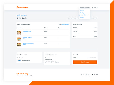Pete's Bakery bakery bright clean ecommerce modern orange order history orders shop store website