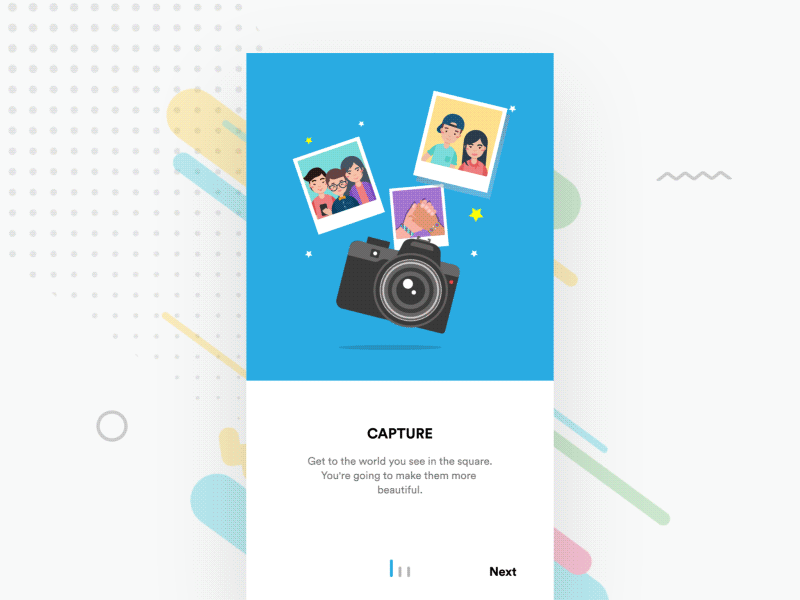 Animated Onboarding Experience animated onboarding animation camera illustration interaction ios onboarding phone interaction photo edit share take a tour transition