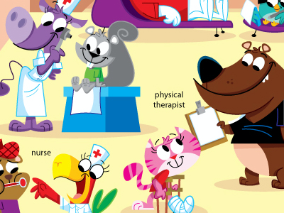 Animals Hospital For Animals bookspread characterdesign cuteanimals hospital illustration jonathanmiller kidsart kidsbooks searchandfind vetranarian