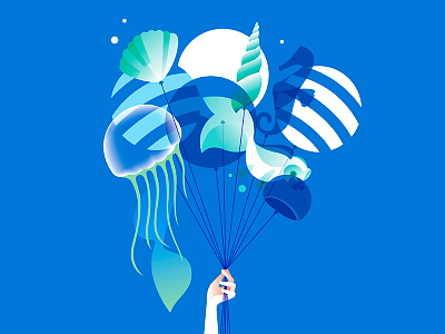 Greeting card for my friend's HB ballon blue fish hand illustration sea vector