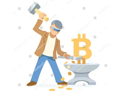 Bitcoin blacksmith and digital anvil anvil bitcoin blacksmith btc character crypto currency digital logo mining money vector