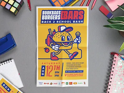 Bookbags, Burgers, and Bars back to school bars bbq bookbags burgers event flier fun poster print summer supplies