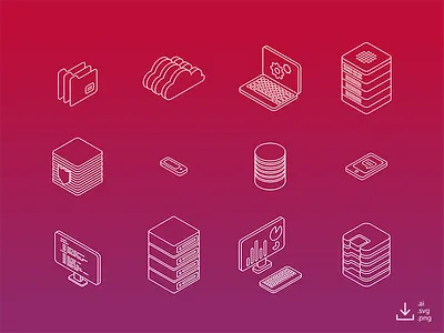 IT Icon Pack — Outline computer data free freebie gradient icon isometric line networking outline server