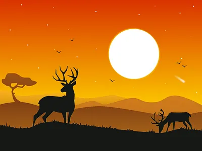 Savannah At Dusk birds deer elk illustration landscape moon savannah silhouette sky stars sun sunset