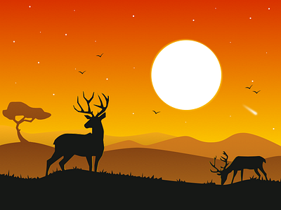 Savannah At Dusk birds deer elk illustration landscape moon savannah silhouette sky stars sun sunset