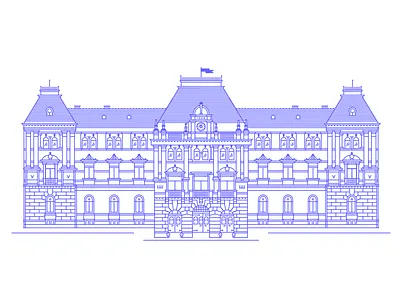 City Hall of Székelyudvarhely blue building city hall detailed line art minimal sekler