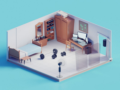 My room artist b3d bedroom blender furniture isometric low poly my room render room