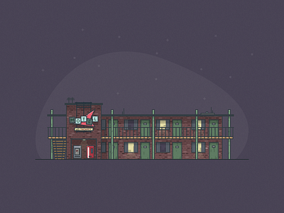 Motel at Night architecture building facade hotel room illustration motel neon sign night road billboard road trip texture vector design vintage signage