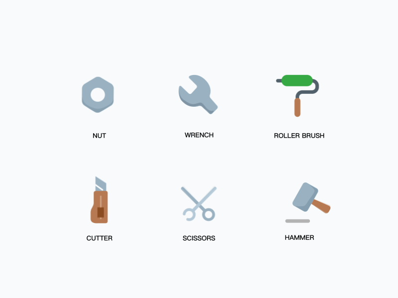 Common tools 2 / icons(color) / animation animation brush cutter hammer icons nut roller scissors tools wrench