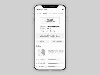 Active Cleaner Battery View android battery cleaner ios iphone 8 monitor network optimize system tools wireframe