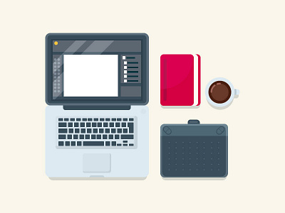 Workspace book coffee flat illustration macbook minimal wacom workspace