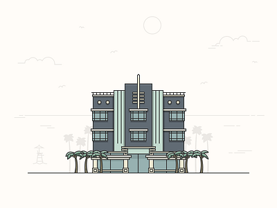 Art Deco hotel architecture art deco beach building hotel illustration palm retro skyline summer vector design vintage