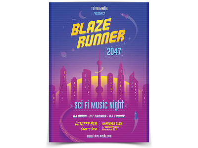 Blaze Runner Flyer 80s blade runner city flyer futuristic poster retro sci fi space sunset vector