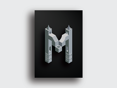 Letter M alphabet architecture gate illustration isometric isometry letter m poster stairs typography window