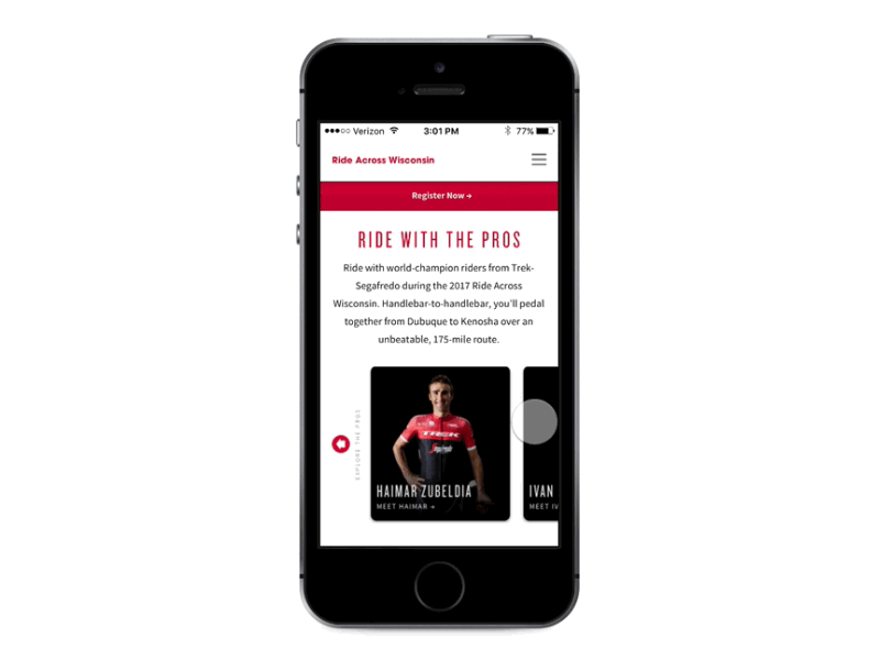 Ride Across Wisconsin Landing Page Animated animation cards flinto mobile origami principle prototype responsive scroller ui ux