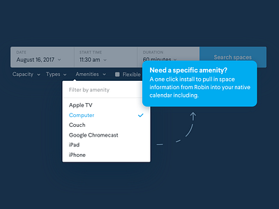 Amenity Filtering Callout arrow calendar filter marketing room booking tooltip