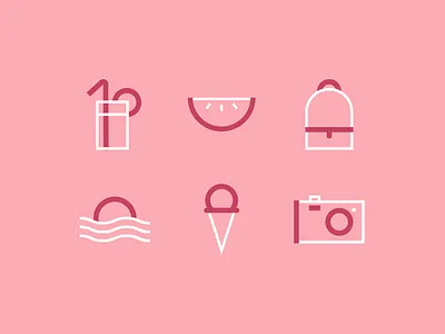 Summer icons backpack camera cocktail cream ice icons summer sunrise sunset watermelon