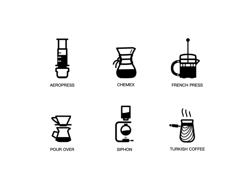 ☕️☕️☕️brewing methods☕️☕️☕️ / icons / animation aeropress chemex coffee french press pour over siphon turkish coffee