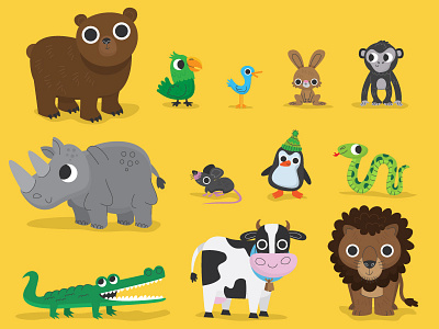 Flat Animal Collection V3 bear bird bunny cocodrile cow lion monkey mouse parrot penguin rhino snake