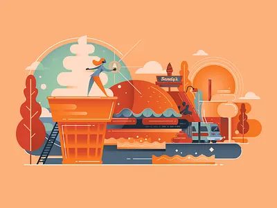 Sandy's Restaurant Austin Mural burger fast food food geometric mural root beer scenic vector