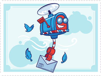 Good News! air bird cartoon clouds fly letter mail message robot stamp vector wind