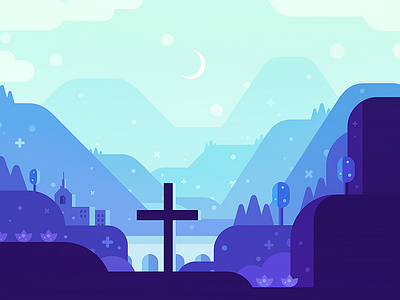 The Cross blue cross green hill illustration moon sky