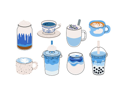 Butterfly pea tea drinks set beverage blue butterfly cartoon concept cute delicious design drink flat food illustration latte lavender pea set smoothie tea vector yummy