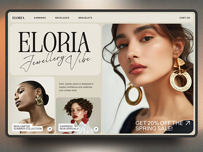 E-commerce UI: Eloria Jewellery Boutique beige branding design e commerce ecommerce elegant fashion fontpair glamour gold golden hero inhensweb jewellery jewerlry light luxury ui website