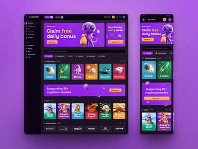 Spacybet - Website 3d illustrations betting website casino homepage clvr crypto currency custom thumbnails dark interface dashboard design full website gambling igaming mobile responsive design purple color renders space theme uiux