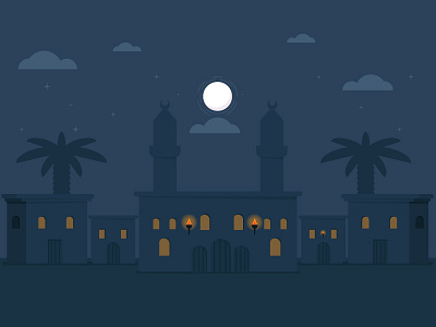 Quiet village 2d clouds fire gif graphics illustration moon mosque motion night palm quiet