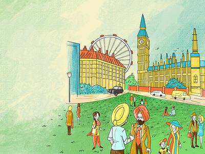 Book cover illustration - London Vich Apne Lok big ben book cover british funny gossip illustration indian london london eye people sardar