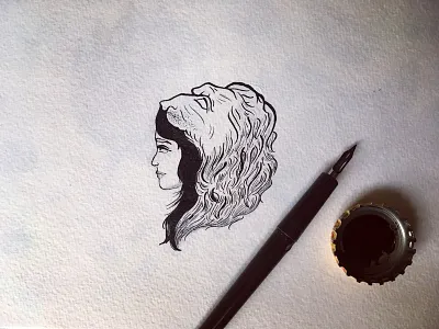 Lioness black and white fierce girl illustration ink lion lioness neoclassical nib