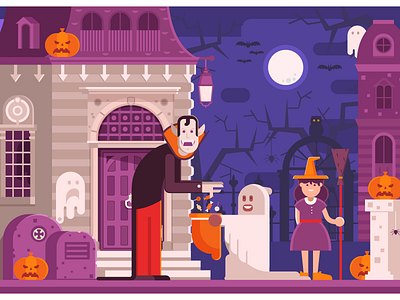 Trick or Treat Halloween Night Scene children concept dracula ghost halloween haunted house mansion night scene trick or treat vampire