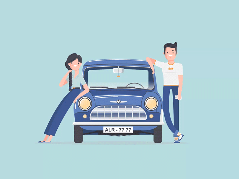 Noura and Kareem 2d animation al rifai app beetle car characters cool hair illustration motion design nuts smartphone