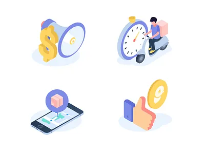 Small illustration for use cases clock delivery dollar exotel icon illustration isometric marketing