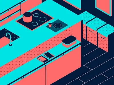 Kitchen blue cook cooking dark design home illustration isometric kitchen minimal