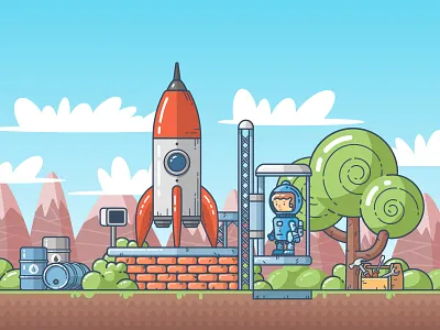 Before blast off blast off character detail flat game illustration outline rocket