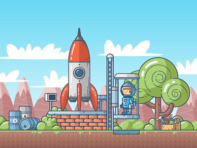 Before blast off blast off character detail flat game illustration outline rocket