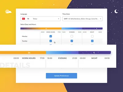 Customer Hour Preferences — Details combobox customer profile hour preferences hour slider preference profile preferences selectbox setting work hours