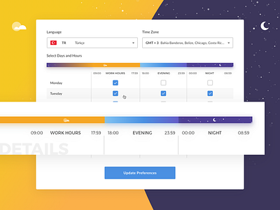 Customer Hour Preferences — Details combobox customer profile hour preferences hour slider preference profile preferences selectbox setting work hours