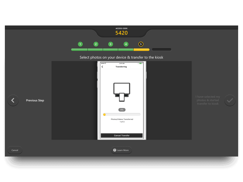 Wifi photo transfer App connection Instructional animation complete connect to kiosk file selected instruction animation kiosk ui design photo albums process bar select photos step by step success transfer file wifi transfer animation