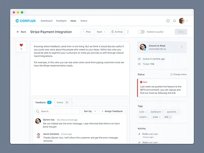 Idea Details Overview assign conversation design system feedback ideas manage management status