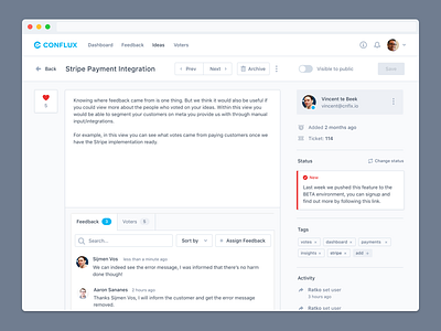 Idea Details Overview assign conversation design system feedback ideas manage management status