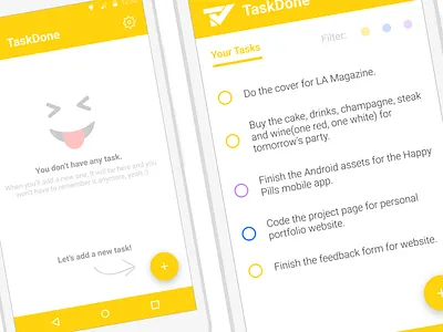 TaskDone - Main Screen android design android ui flat minimal productivity simple tasks app to do ui design ux yellow ui