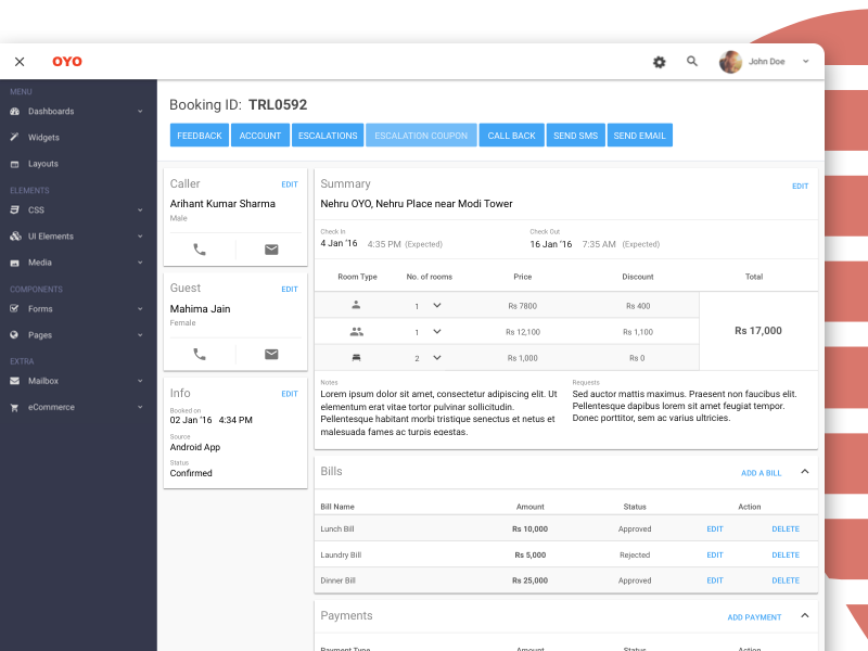 Example of Oyo Rooms Dashboard, Edit Booking Concept