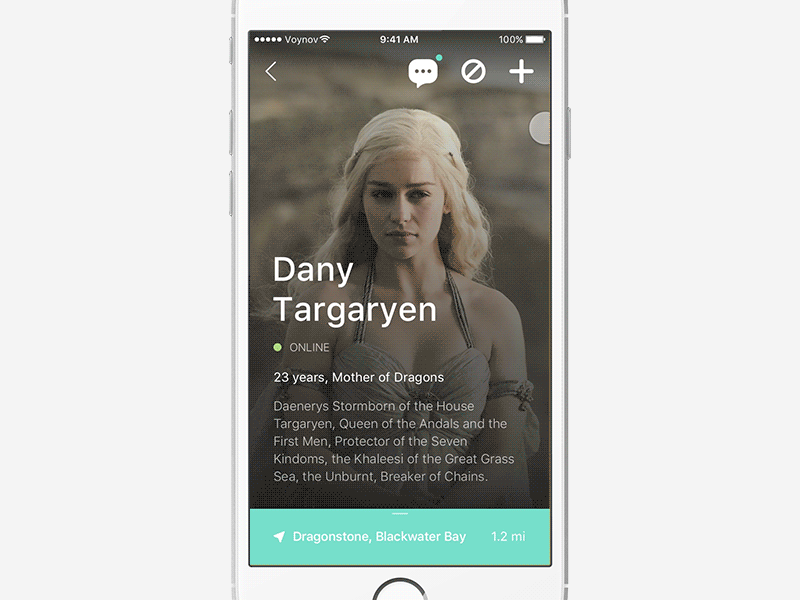 Profile screen for geolocation app animation app geolocaton got iphone location map motion profile thrones ui westeros