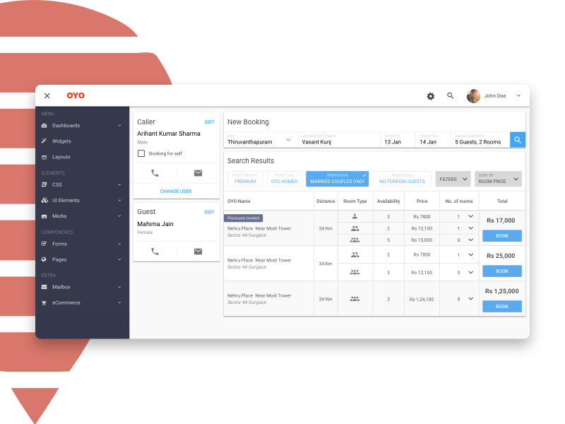 Example of Oyo Rooms Dashboard, Booking Concept