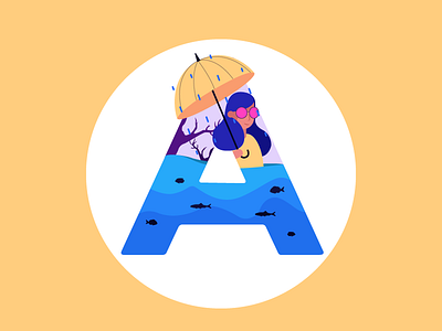 Alphabet "A" a alphabet design girl illustration rain umbrella water